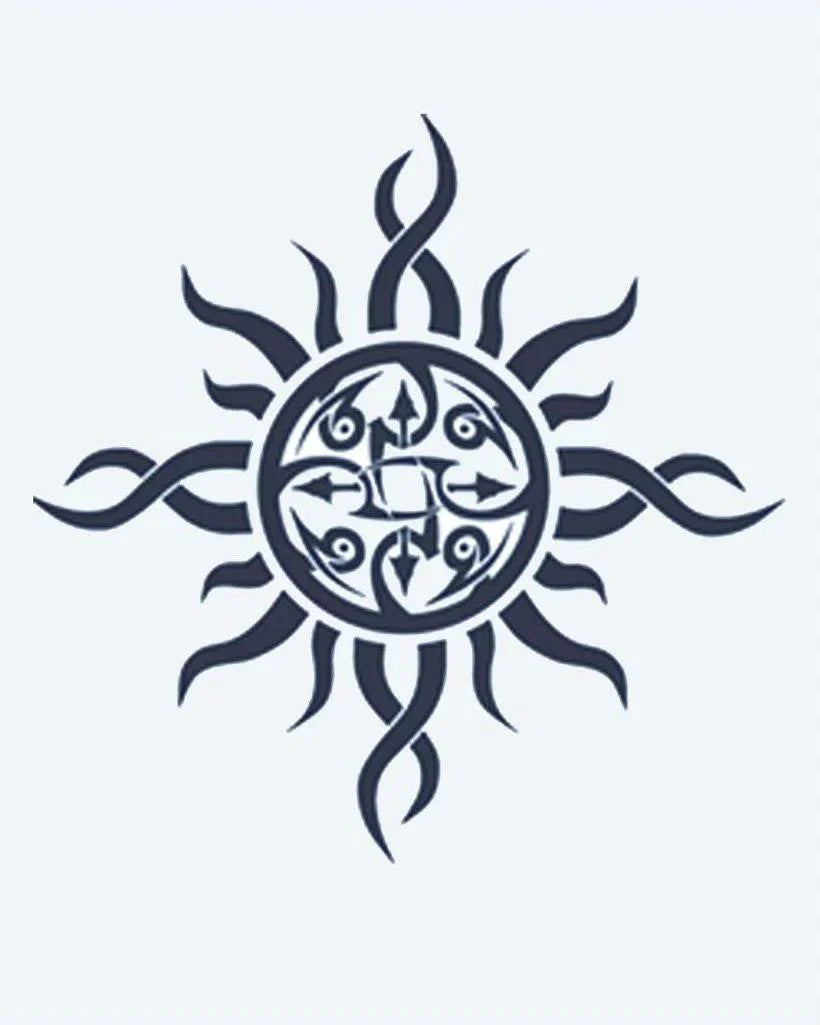 Design del tatuaggio semi-permanente Tribal Sun di INKON – illustrazione ornamentale, tribale, fluenti, fiamma, raggi, 2 x 2 in (5x5cm), disponibile su inkon.co