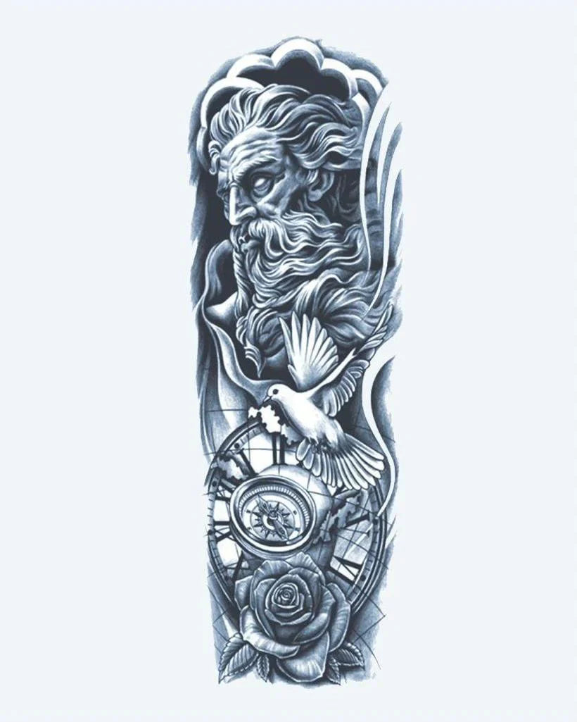 Design del tatuaggio semi-permanente Zeus, Dove & Globe di INKON – illustrazione divino, manica, intera, zeus, colomba, 8 x 20 in (20x50cm), disponibile su inkon.co