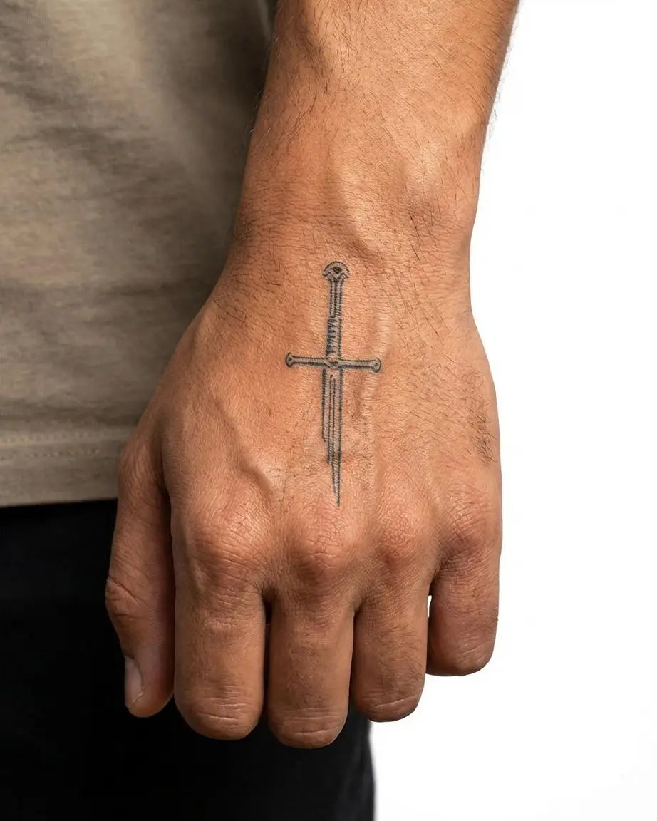 Tatuaggio semi-permanente INKON Medieval Sword applicato su un uomo – design 2 x 2 in (5x5cm), aspetto realistico dell'inchiostro, dura 10 giorni