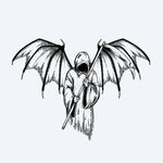Design del tatuaggio semi-permanente Winged Reaper di INKON – illustrazione di tristo mietitore incappucciato con ali di pipistrello, 4 x 7 in (10x17cm), disponibile su inkon.co