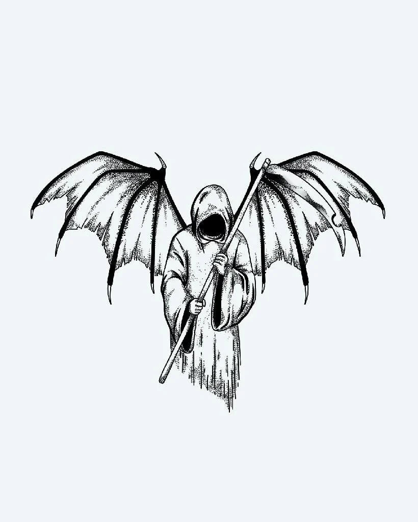 Design del tatuaggio semi-permanente Winged Reaper di INKON – illustrazione di tristo mietitore incappucciato con ali di pipistrello, 4 x 7 in (10x17cm), disponibile su inkon.co