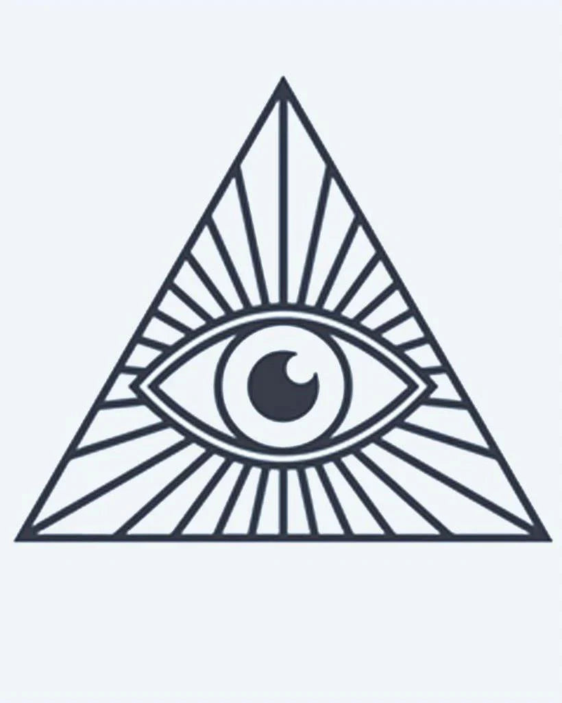 Design del tatuaggio semi-permanente All-Seeing Eye di INKON – illustrazione di Occhio della Provvidenza in un triangolo con raggi di luce, 2 x 2 in (5x5cm), disponibile su inkon.co