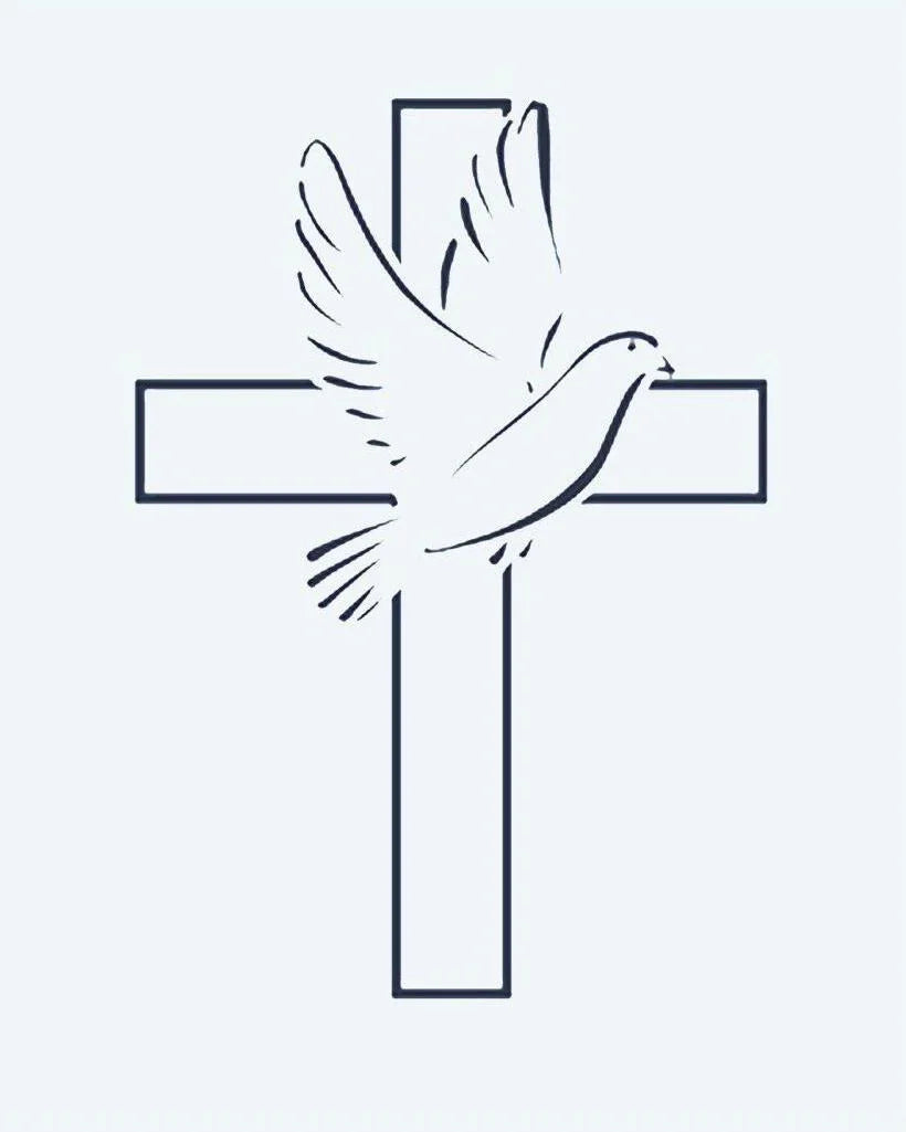 Design del tatuaggio semi-permanente Cross & Dove di INKON – illustrazione di croce con graziosa colomba in volo, 2 x 2 in (5x5cm), disponibile su inkon.co