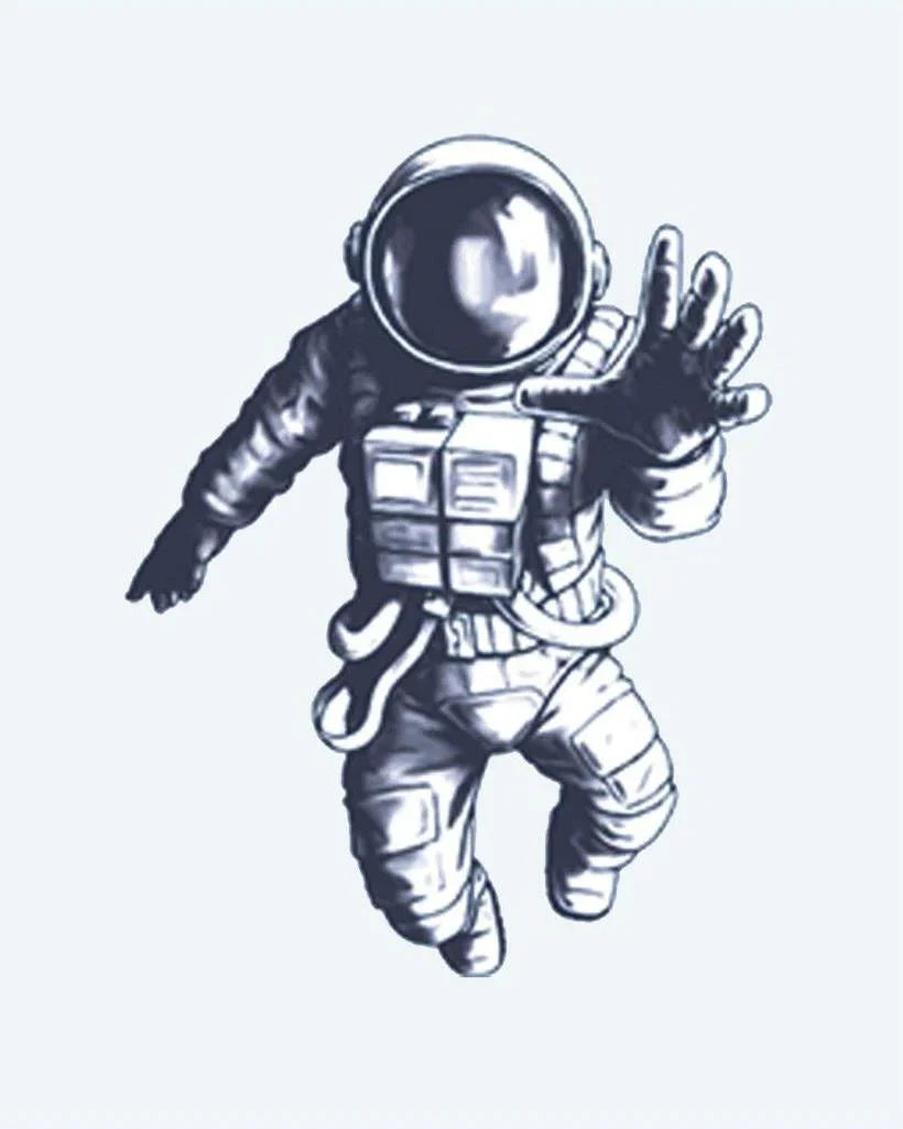 Design del tatuaggio semi-permanente Floating Astronaut di INKON – illustrazione astronauta, fluttua, assenza, gravità, protesa, 2 x 2 in (5x5cm), disponibile su inkon.co