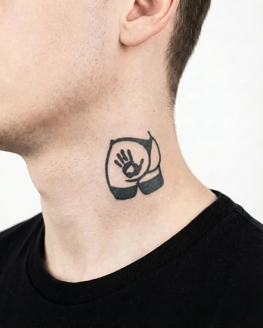 Tatuaggio semi-permanente INKON Cheeky Handprint applicato su un uomo – design 2 x 2 in (5x5cm), aspetto realistico dell'inchiostro, dura 10 giorni