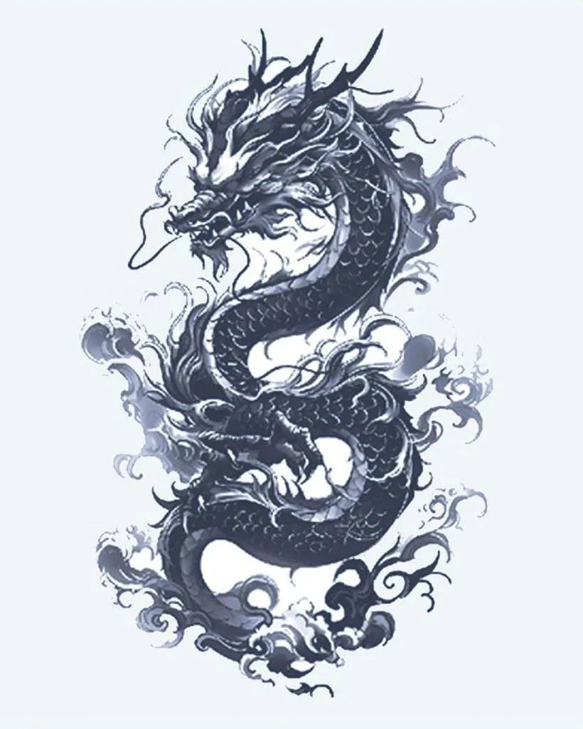 Design del tatuaggio semi-permanente Drago Asiatico di INKON – illustrazione maestoso, attorcigliato, asiatico, drago, fluente, 4 x 7 in (10x17cm), disponibile su inkon.co