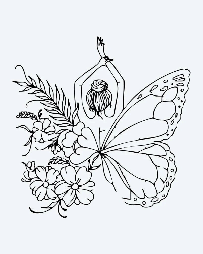 Design del tatuaggio semi-permanente Donna Farfalla Floreale di INKON – illustrazione fantasiosa, donna, farfalla, ali, circondata, 4 x 4 in (9x9cm), disponibile su inkon.co