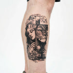 Tatuaggio semi-permanente INKON Donna in Preghiera, Leone e Croce applicato su un uomo – design 4 x 7 in (10x17cm), aspetto realistico dell'inchiostro, dura 10 giorni