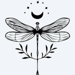 Design del tatuaggio semi-permanente Celestial Dragonfly di INKON – illustrazione fiabesco, libellula, falce, luna, stelle, 3 x 4 in (6x11cm), disponibile su inkon.co