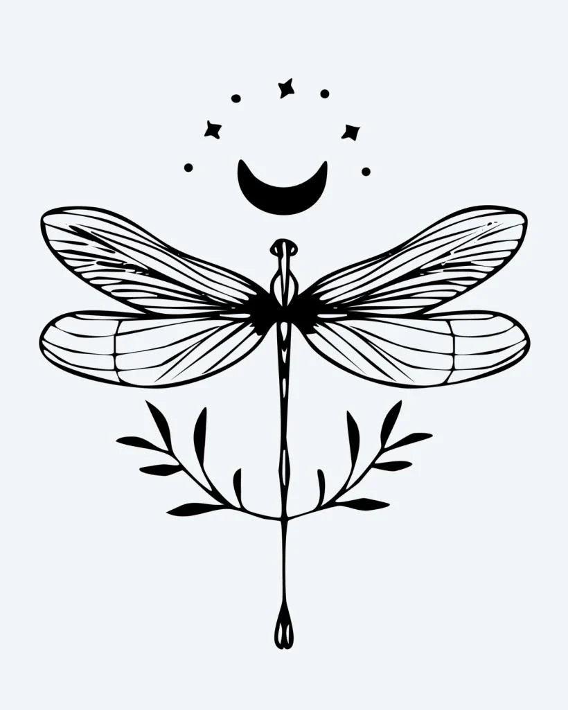 Design del tatuaggio semi-permanente Celestial Dragonfly di INKON – illustrazione fiabesco, libellula, falce, luna, stelle, 3 x 4 in (6x11cm), disponibile su inkon.co