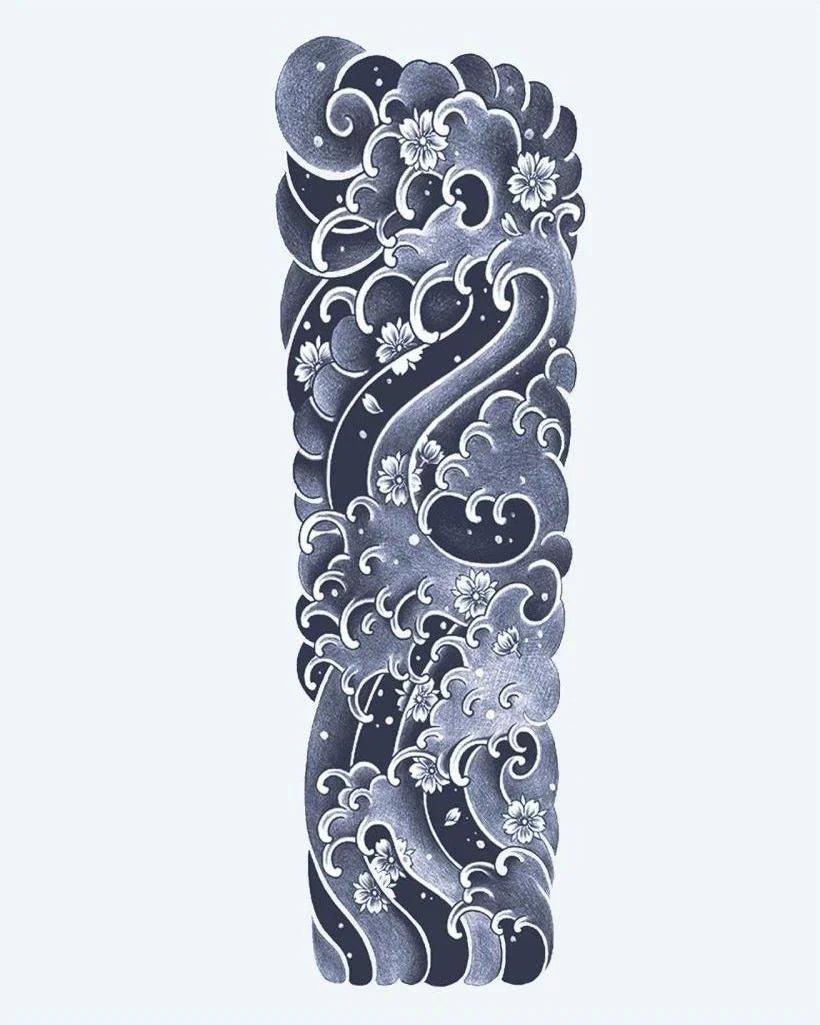 Design del tatuaggio semi-permanente Japanese Waves & Sakura di INKON – illustrazione manica, intera, giapponesi, onde, rotolano, 8 x 20 in (20x50cm), disponibile su inkon.co