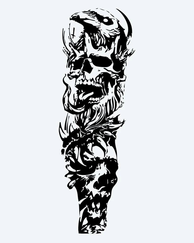 Design del tatuaggio semi-permanente Skull & Floral Chaos di INKON – illustrazione aggressivo, ringhiante, teschio, vorticose, organiche, 8 x 20 in (20x50cm), disponibile su inkon.co