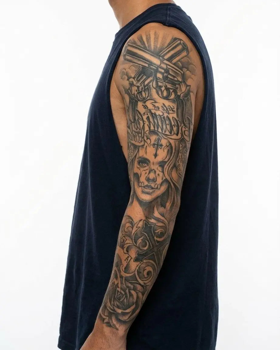 Tatuaggio semi-permanente INKON Chicano Woman & Revolvers applicato su un uomo – design 8 x 20 in (20x50cm), aspetto realistico dell'inchiostro, dura 10 giorni