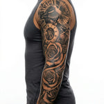 Tatuaggio semi-permanente INKON Clock, Dove & Roses applicato su un uomo – design 8 x 20 in (20x50cm), aspetto realistico dell'inchiostro, dura 10 giorni