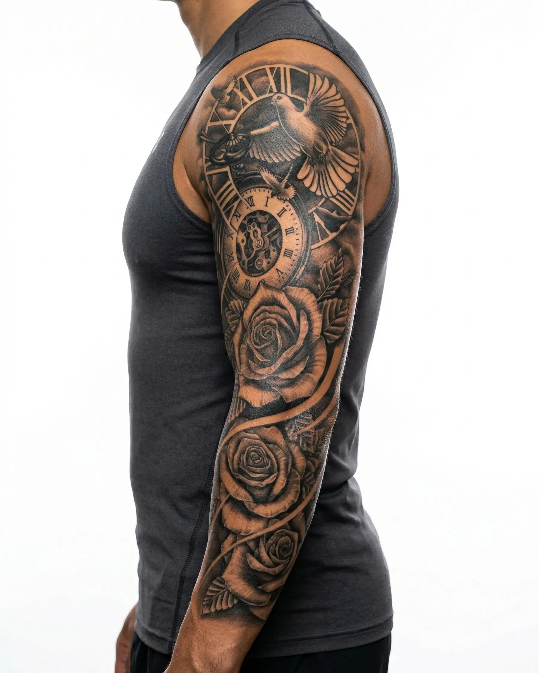 Tatuaggio semi-permanente INKON Clock, Dove & Roses applicato su un uomo – design 8 x 20 in (20x50cm), aspetto realistico dell'inchiostro, dura 10 giorni
