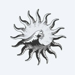 Design del tatuaggio semi-permanente Sun & Wave di INKON – illustrazione vintage, ondulati, raggi, infrange, oceano, 4 x 4 in (9x9cm), disponibile su inkon.co