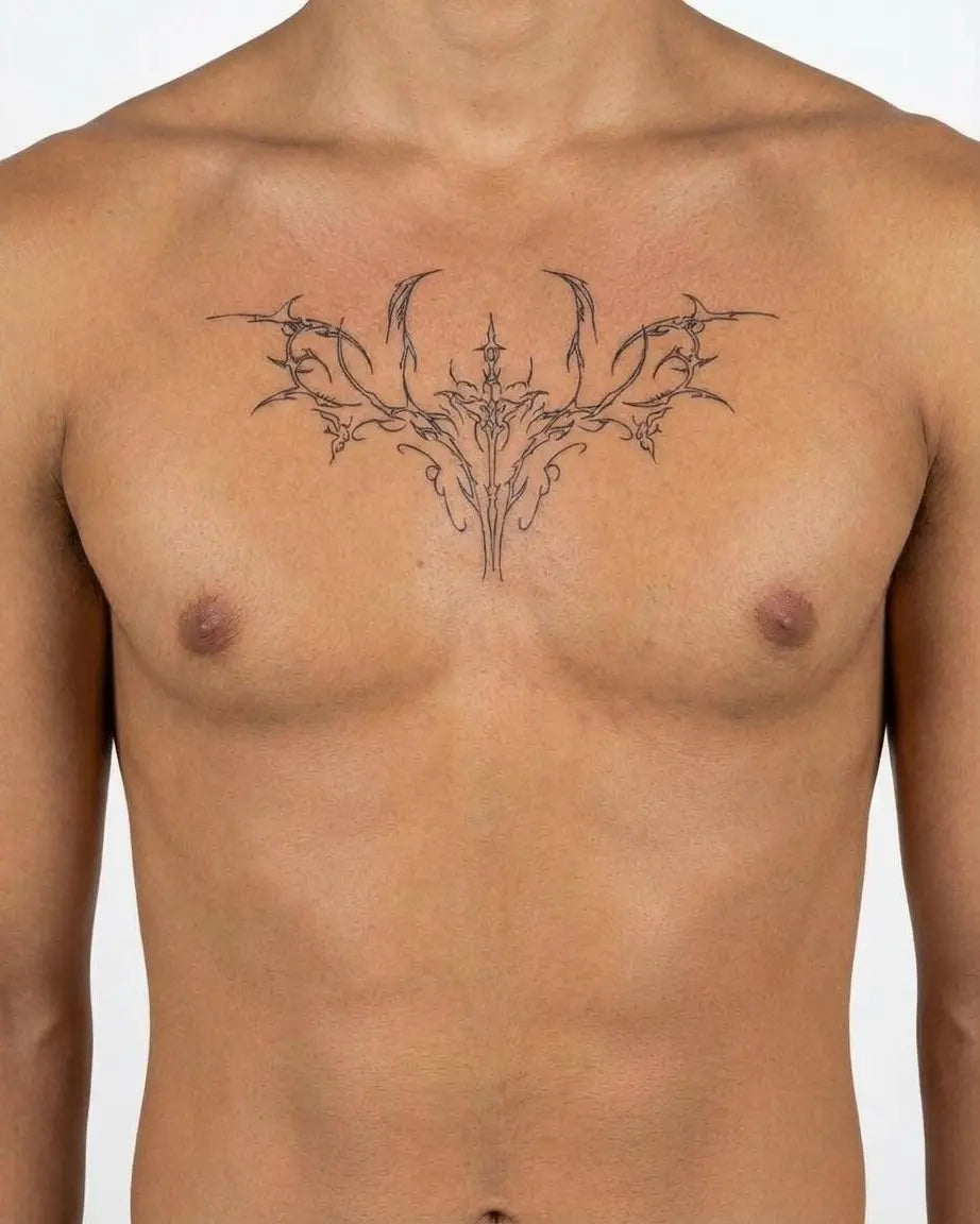 Tatuaggio semi-permanente INKON Ornamental Skull Moth applicato su un uomo – design 4 x 8 in (11x21cm), aspetto realistico dell'inchiostro, dura 10 giorni