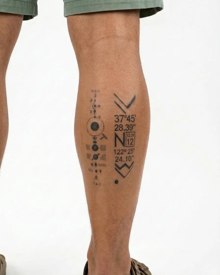 Tatuaggio semi-permanente INKON Sistema Solare e Coordinate applicato su un uomo – design 4 x 7 in (10x17cm), aspetto realistico dell'inchiostro, dura 10 giorni