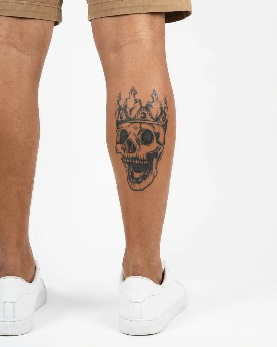 Tatuaggio semi-permanente INKON Crowned Skull applicato su un uomo – design 4 x 7 in (10x17cm), aspetto realistico dell'inchiostro, dura 10 giorni