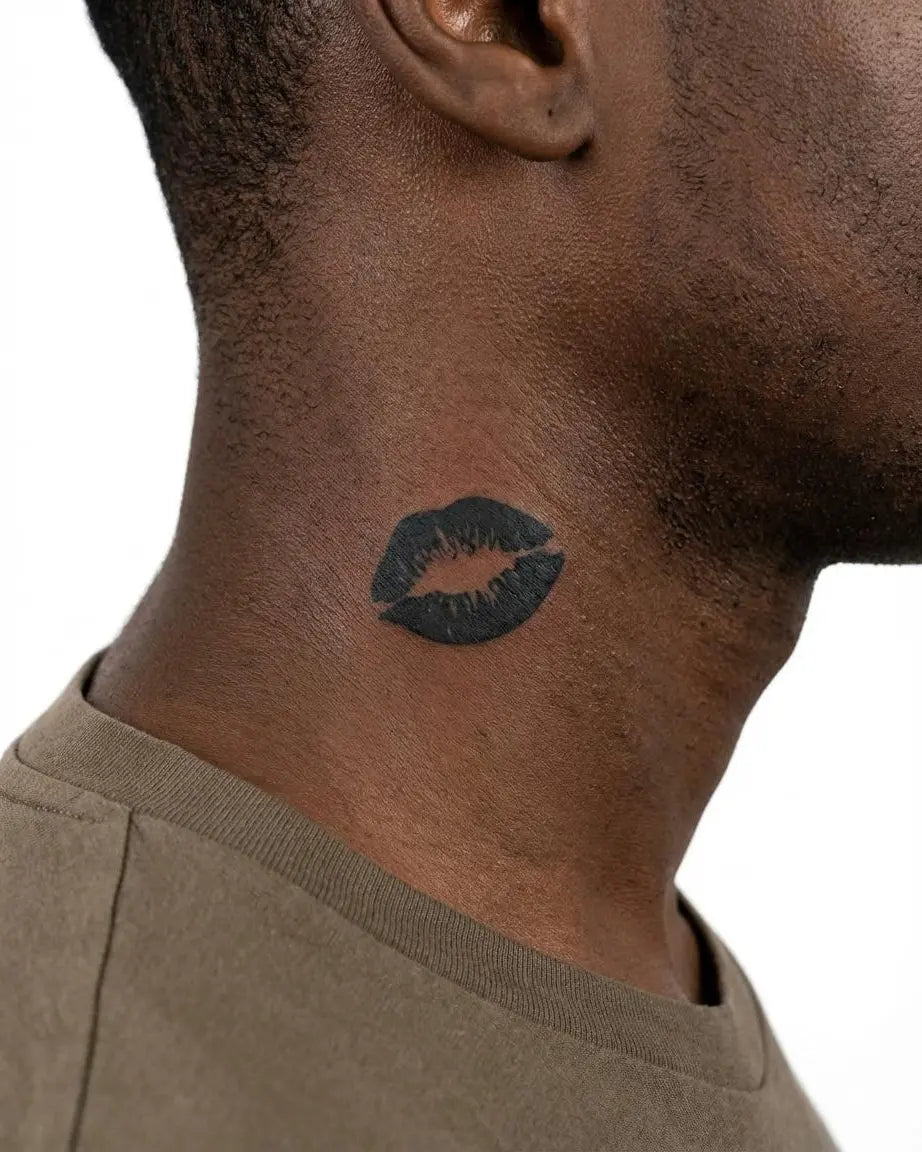 Tatuaggio semi-permanente INKON Kiss Mark applicato su un uomo – design 2 x 2 in (5x5cm), aspetto realistico dell'inchiostro, dura 10 giorni