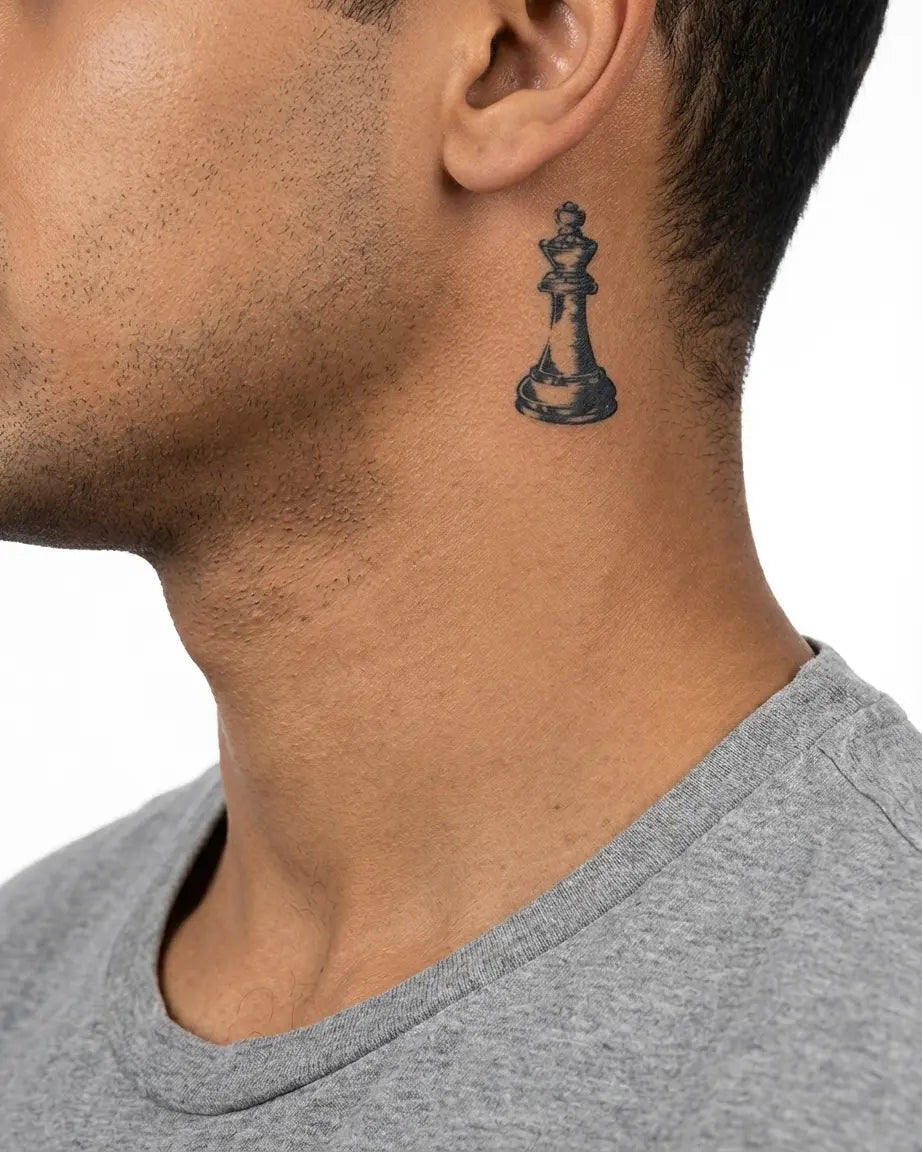 Tatuaggio semi-permanente INKON Engraved Chess King applicato su un uomo – design 2 x 2 in (5x5cm), aspetto realistico dell'inchiostro, dura 10 giorni