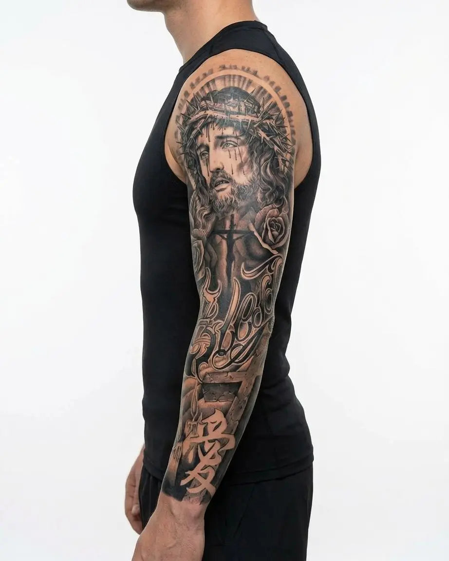 Tatuaggio semi-permanente INKON Christ & Roses applicato su un uomo – design 8 x 20 in (20x50cm), aspetto realistico dell'inchiostro, dura 10 giorni