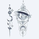 Design del tatuaggio semi-permanente Cosmic Globe & Planets di INKON – illustrazione geometrico, celeste, terrestre, globo, orbita, 3 x 4 in (6x11cm), disponibile su inkon.co