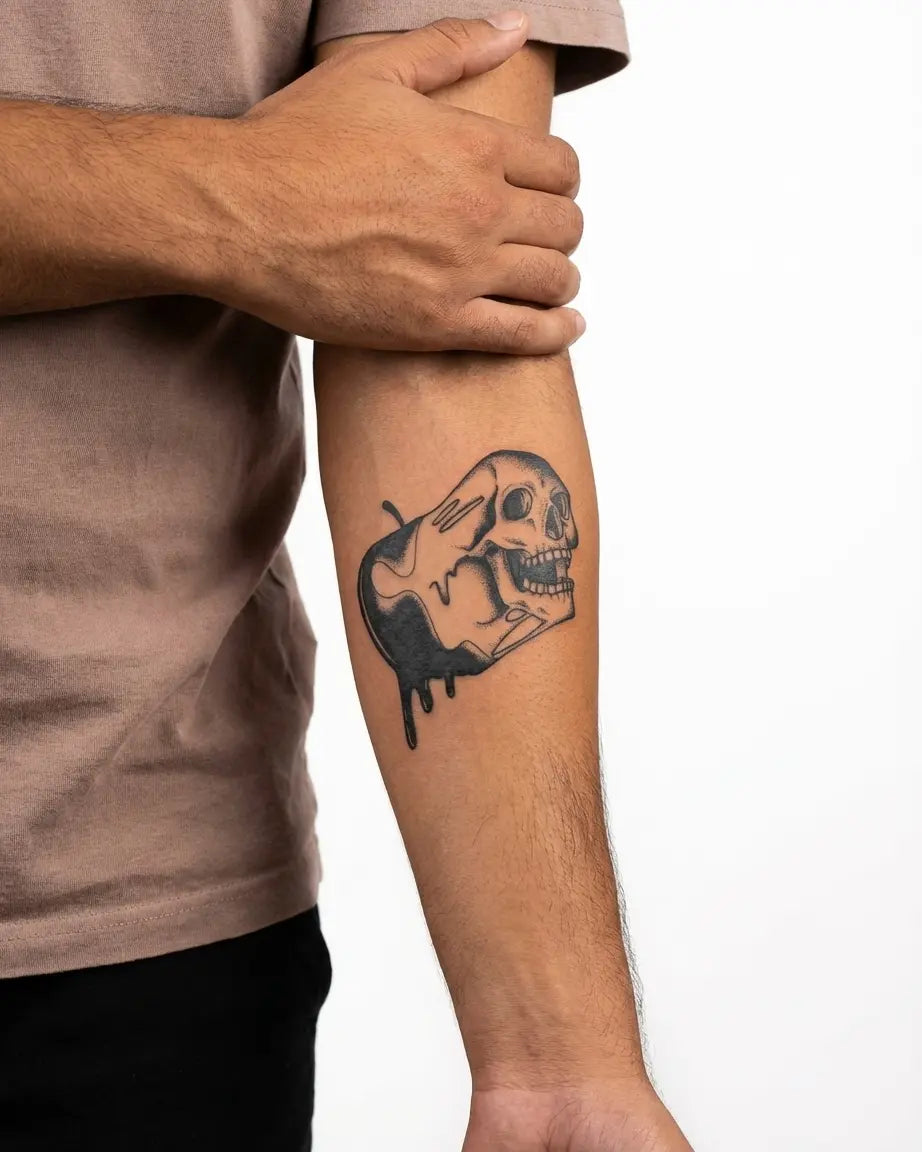 Tatuaggio semi-permanente INKON Forbidden Fruit Skull applicato su un uomo – design 3 x 4 in (7x10cm), aspetto realistico dell'inchiostro, dura 10 giorni
