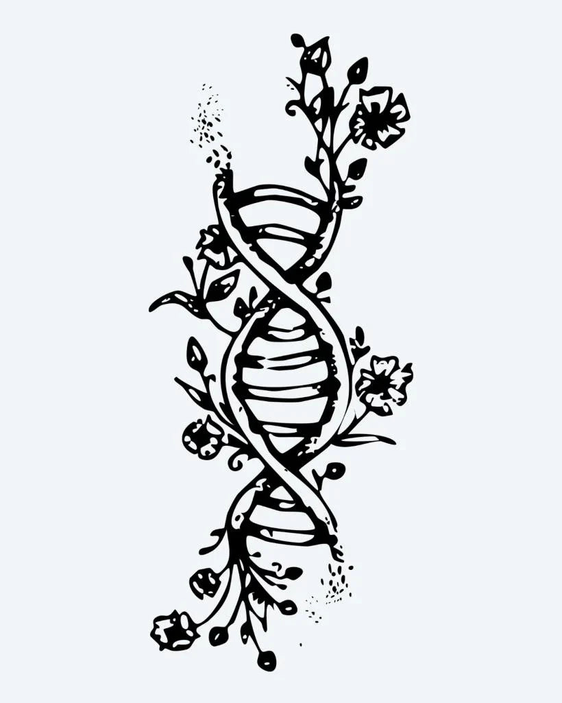 Design del tatuaggio semi-permanente Floral DNA Helix di INKON – illustrazione creativo, doppia, elica, intrecciata, fiori, 3 x 4 in (6x11cm), disponibile su inkon.co