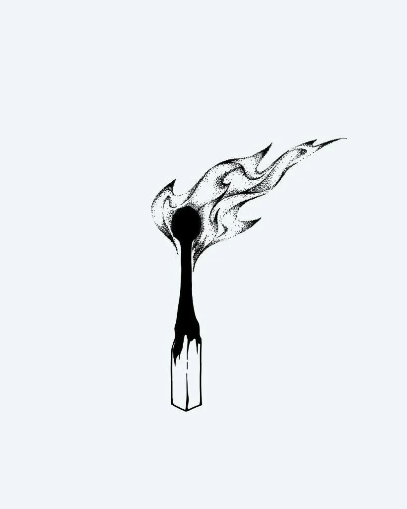 Design del tatuaggio semi-permanente Burning Matchstick di INKON – illustrazione a puntinato di fiammifero acceso, 3 x 4 in (7x10cm), disponibile su inkon.co