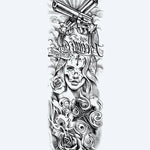 Design del tatuaggio semi-permanente Chicano Woman & Revolvers di INKON – illustrazione chicano, manica, intera, donna, viso, 8 x 20 in (20x50cm), disponibile su inkon.co