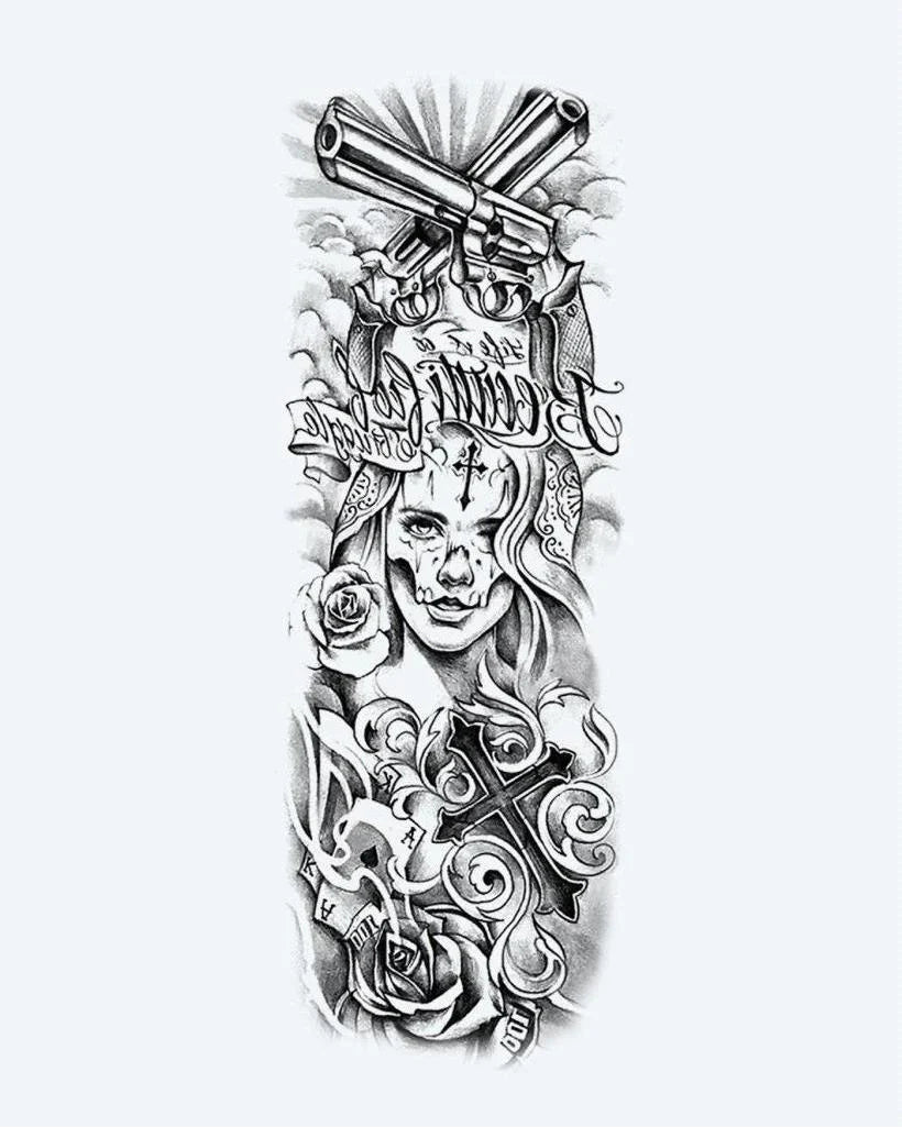 Design del tatuaggio semi-permanente Chicano Woman & Revolvers di INKON – illustrazione chicano, manica, intera, donna, viso, 8 x 20 in (20x50cm), disponibile su inkon.co