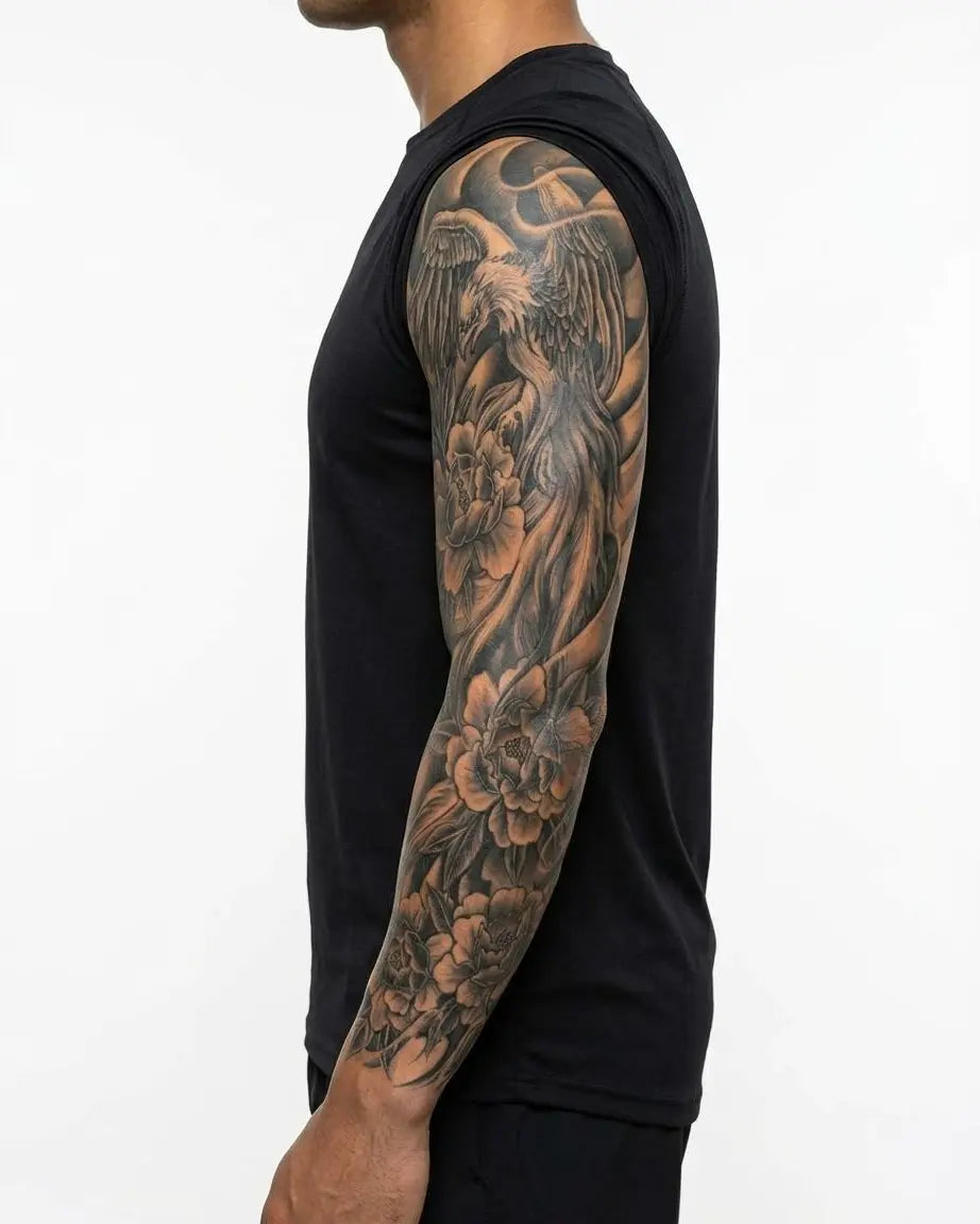 Tatuaggio semi-permanente INKON Phoenix & Peonies applicato su un uomo – design 8 x 20 in (20x50cm), aspetto realistico dell'inchiostro, dura 10 giorni