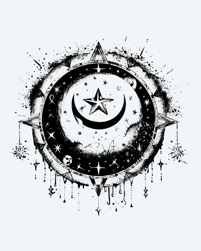 Design del tatuaggio semi-permanente Celestial Moon & Star di INKON – illustrazione splendido, celeste, falce, luna, stella, 3 x 4 in (7x10cm), disponibile su inkon.co