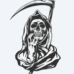 Design del tatuaggio semi-permanente Grim Reaper di INKON – illustrazione incappucciato, tristo, mietitore, falce, minaccioso, 3 x 4 in (7x10cm), disponibile su inkon.co