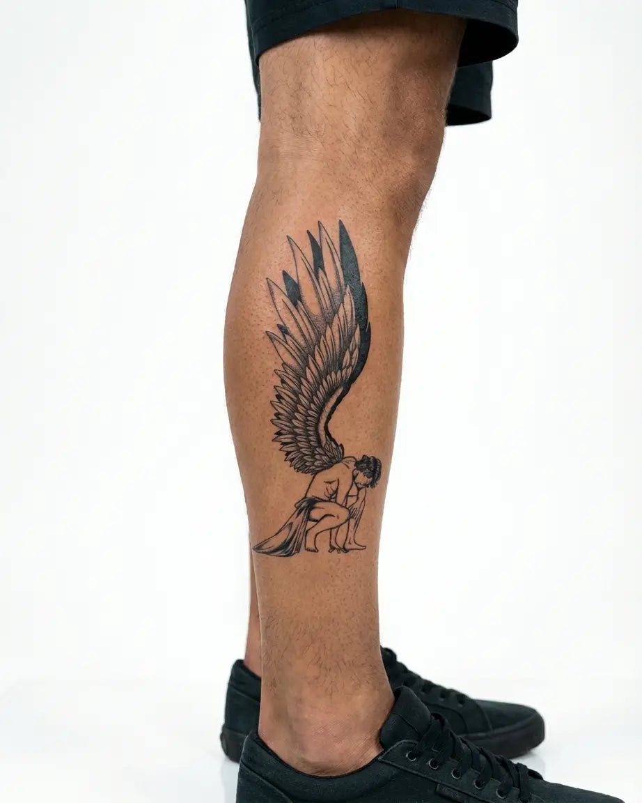 Tatuaggio semi-permanente INKON Fallen Angel applicato su un uomo – design 4 x 8 in (11x21cm), aspetto realistico dell'inchiostro, dura 10 giorni