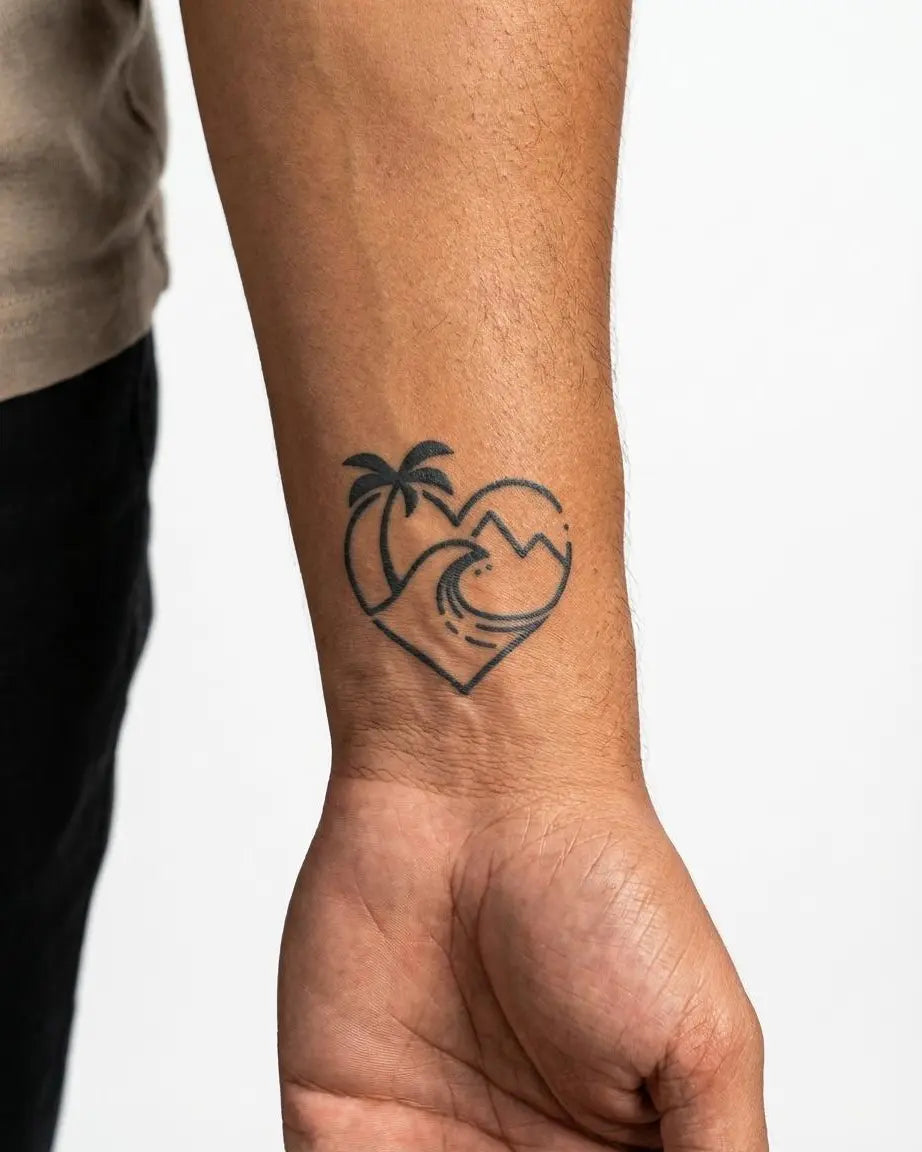 Tatuaggio semi-permanente INKON Beach Heart applicato su un uomo – design 2 x 2 in (5x5cm), aspetto realistico dell'inchiostro, dura 10 giorni