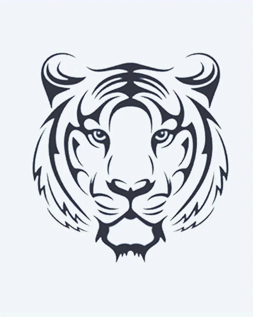 Design del tatuaggio semi-permanente Tiger Face di INKON – illustrazione frontale, tigre, muso, tribale, linee, 2 x 2 in (5x5cm), disponibile su inkon.co