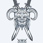 Design del tatuaggio semi-permanente Guerriero Vichingo e Spade di INKON – illustrazione cornuto, vichingo, guerriero, volto, lunga, 4 x 7 in (10x17cm), disponibile su inkon.co