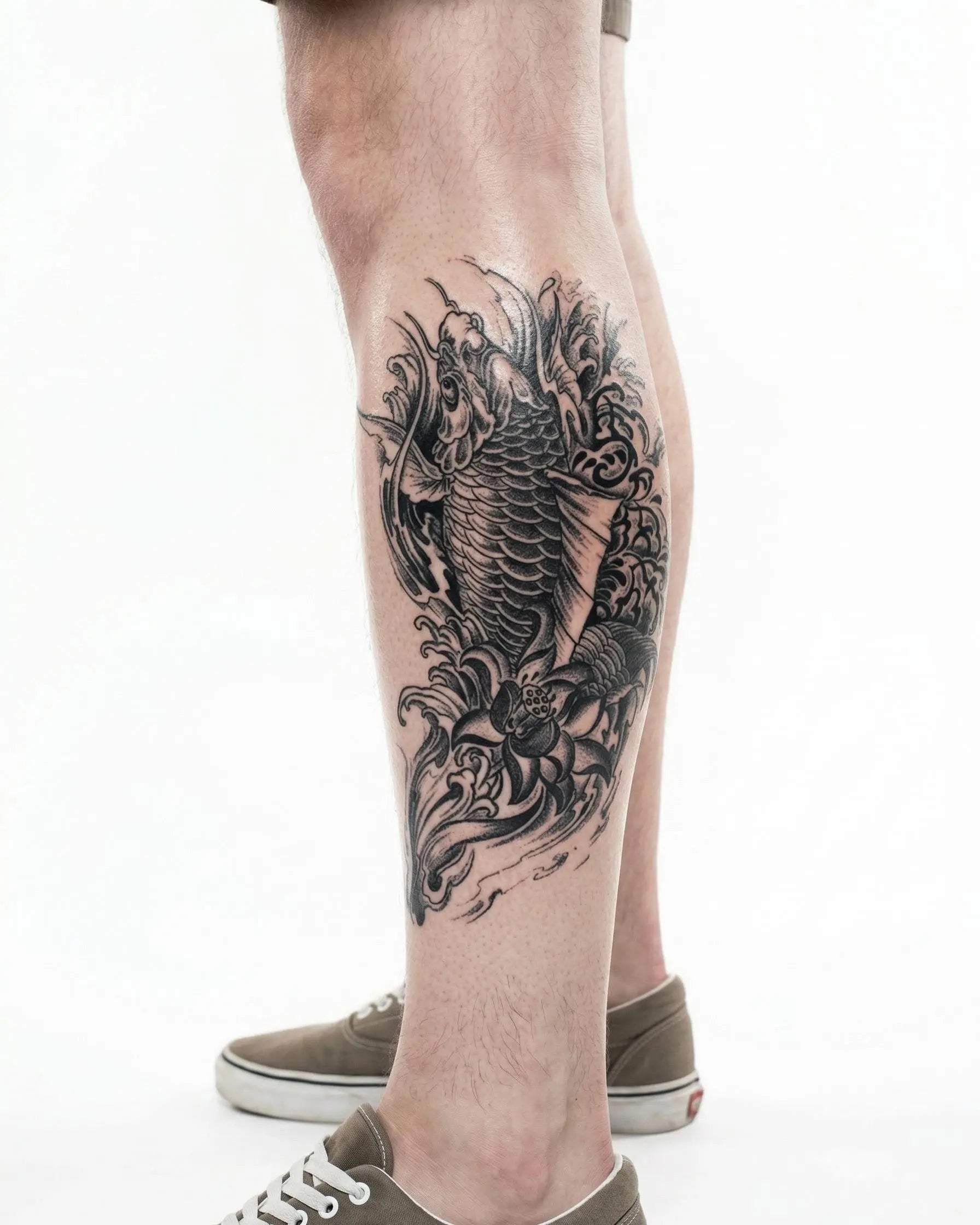 Tatuaggio semi-permanente INKON Koi Fish & Lotus 2 applicato su un uomo – design 4 x 8 in (11x21cm), aspetto realistico dell'inchiostro, dura 10 giorni