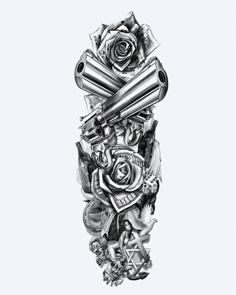 Design del tatuaggio semi-permanente Revolvers & Roses di INKON – illustrazione manica, intera, incrociati, revolver, rose, 8 x 20 in (20x50cm), disponibile su inkon.co
