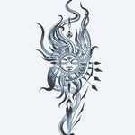 Design del tatuaggio semi-permanente Volto del Sole Celeste di INKON – illustrazione ornato, sereno, volto, circondato, fluenti, 4 x 7 in (10x17cm), disponibile su inkon.co