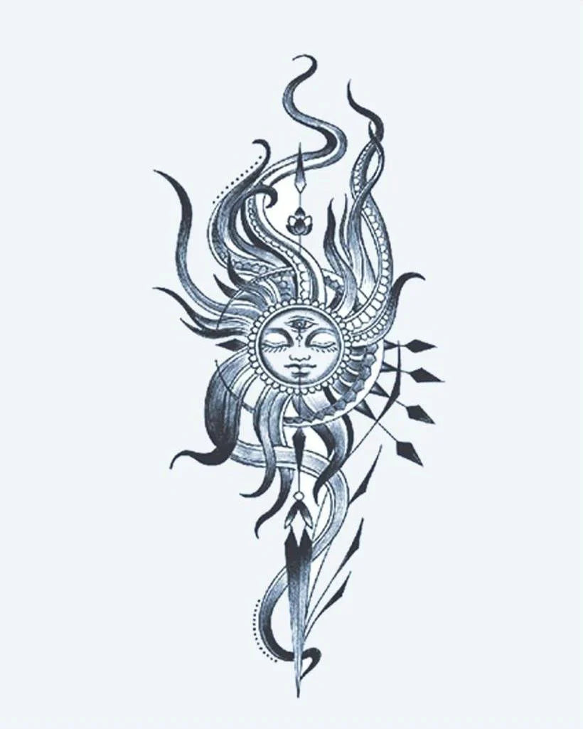 Design del tatuaggio semi-permanente Volto del Sole Celeste di INKON – illustrazione ornato, sereno, volto, circondato, fluenti, 4 x 7 in (10x17cm), disponibile su inkon.co