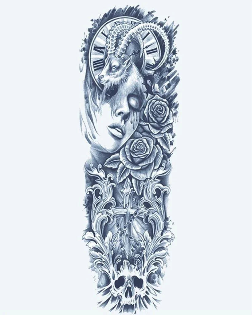 Design del tatuaggio semi-permanente Ram Woman & Gothic Cross di INKON – illustrazione dark, seducente, manica, intera, donna, 8 x 20 in (20x50cm), disponibile su inkon.co