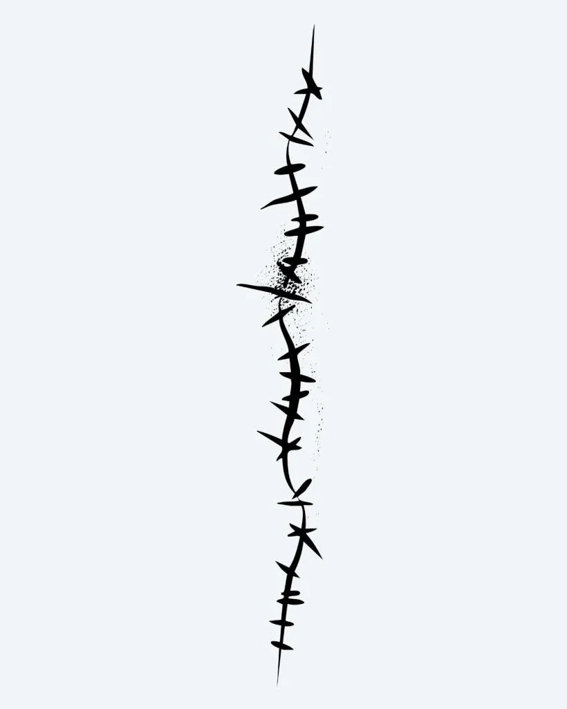 Design del tatuaggio semi-permanente Barbed Wire Line di INKON – illustrazione spinato, filo, verticale, linea, grintosa, 4 x 8 in (11x21cm), disponibile su inkon.co