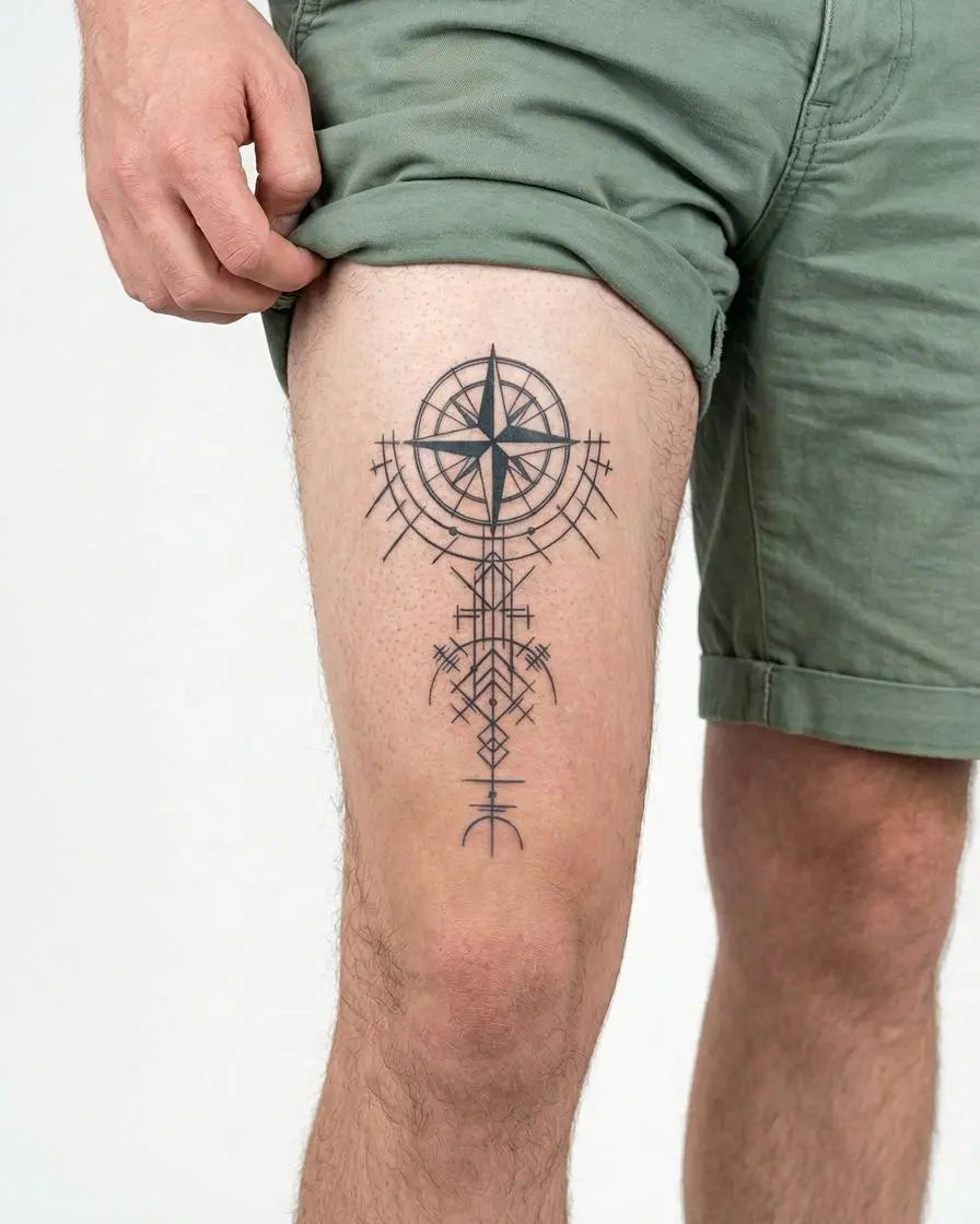 Tatuaggio semi-permanente INKON Rosa dei Venti Geometrica applicato su un uomo – design 4 x 7 in (10x17cm), aspetto realistico dell'inchiostro, dura 10 giorni
