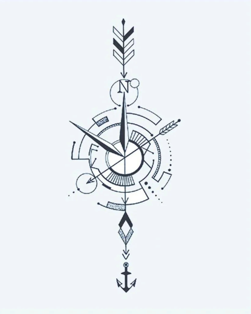 Design del tatuaggio semi-permanente Bussola e Freccia Nautica di INKON – illustrazione minimalista, bussola, freccia, ancora, fine, 4 x 7 in (10x17cm), disponibile su inkon.co