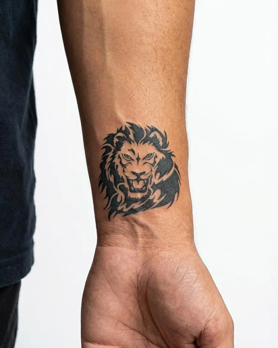 Tatuaggio semi-permanente INKON Roaring Lion applicato su un uomo – design 2 x 2 in (5x5cm), aspetto realistico dell'inchiostro, dura 10 giorni