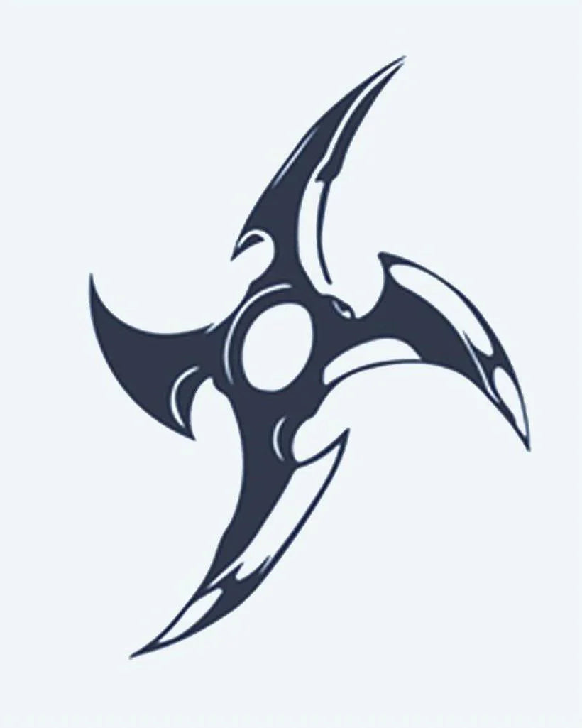 Design del tatuaggio semi-permanente Ninja Star di INKON – illustrazione di stella da lancio a tre lame affilate, 2 x 2 in (5x5cm), disponibile su inkon.co