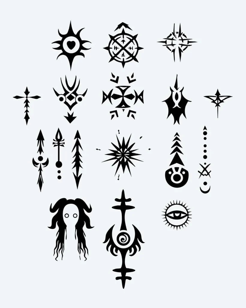 Design del tatuaggio semi-permanente Mystic Symbols Collection di INKON – illustrazione foglio, mistici, occulti, simboli, tatuaggi, 3 x 4 in (7x10cm), disponibile su inkon.co